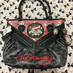 Ed Hardy Black and Red Signature Tote with Skull Patch NWT